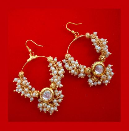 JH30 Daphne Hoop Premium Pearl Cluster Earring With Round Kundan For Wedding