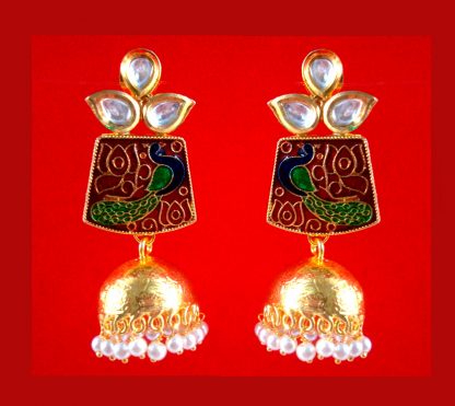 JH36E Daphne Traditional Peacock Meenakari Earring With Round Hanging Jhumka