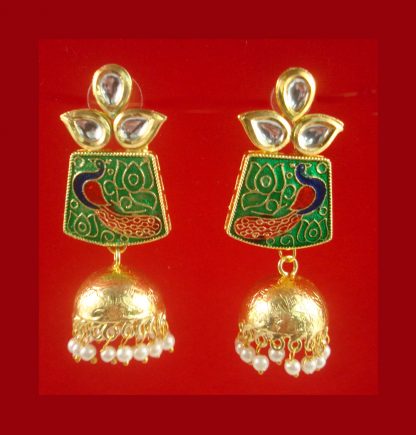 JH36G Daphne Traditional Peacock Meenakari Earring With Round Hanging Jhumka