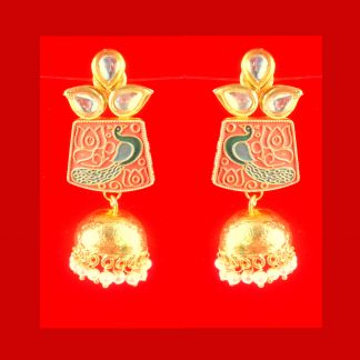 JH36O Daphne Traditional Peacock Meenakari Earring With Round Hanging Jhumka