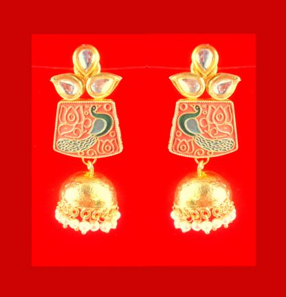 JH36O Daphne Traditional Peacock Meenakari Earring With Round Hanging Jhumka