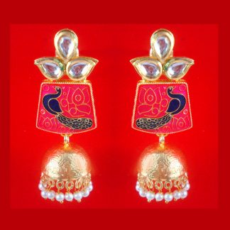 JH36P Daphne Traditional Peacock Meenakari Earring With Round Hanging Jhumka