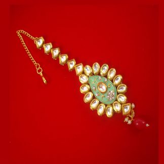 KC31 Daphne Traditional Oval Shape Kundan Maang Tikka With Hanging Red Pearl