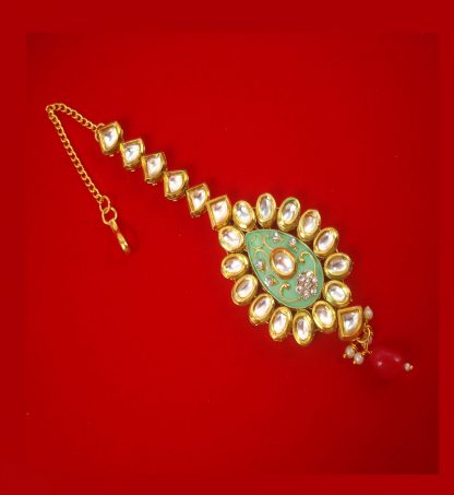 KC31 Daphne Traditional Oval Shape Kundan Maang Tikka With Hanging Red Pearl