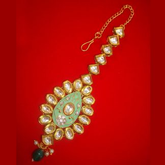 KC32 Daphne Traditional Oval Shape Premium Kundan Maang Tikka With Hanging Green Pearl