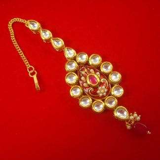 KC33 Daphne Traditional Oval Shape Premium Kundan Maang Tikka With Hanging Hanging Stone