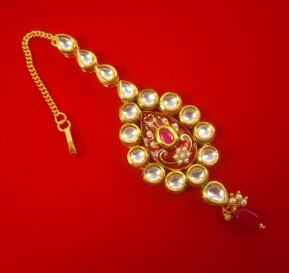 KC33 Daphne Traditional Oval Shape Premium Kundan Maang Tikka With Hanging Hanging Stone