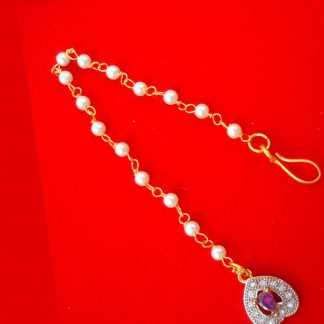 MAG100 Daphne Heart Shape WithbPink Stone Zircon Maang Tikka with Classy Pearl Chain for Girls