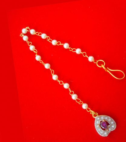 MAG100 Daphne Heart Shape WithbPink Stone Zircon Maang Tikka with Classy Pearl Chain for Girls