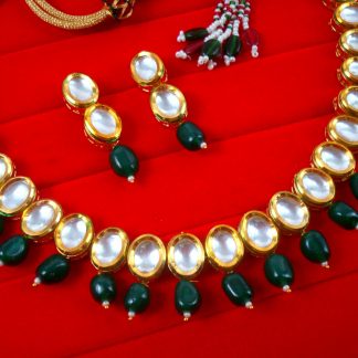 NA93 Daphne Wedding Wear Oval Kundan With Hanging Green Beads Necklace With Earring
