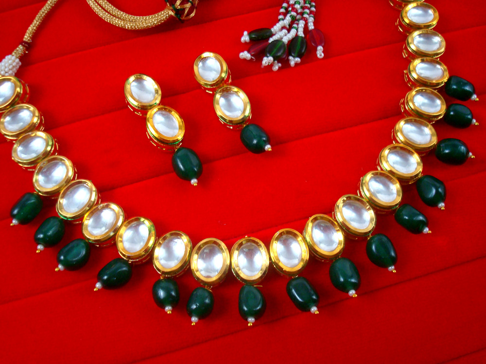 NA93 Daphne Wedding Wear Oval Kundan With Hanging Green Beads Necklace With Earring