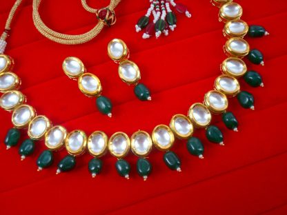 NA93 Daphne Wedding Wear Oval Kundan With Hanging Green Beads Necklace With Earring