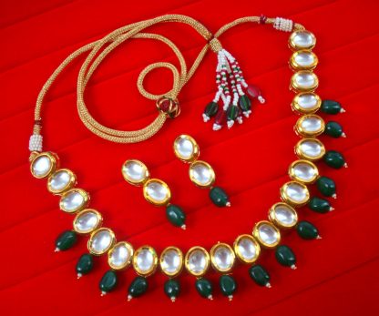 NA93 Daphne Wedding Wear Oval Kundan With Hanging Green Beads Necklace With Earring