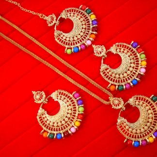 NA94 Daphne Round Multicolor Beads Party Wear Necklace Earring With Maang Tikka