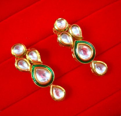 NA95 Daphne Kundan Earring Set With Multi Strand Green Bead Chain