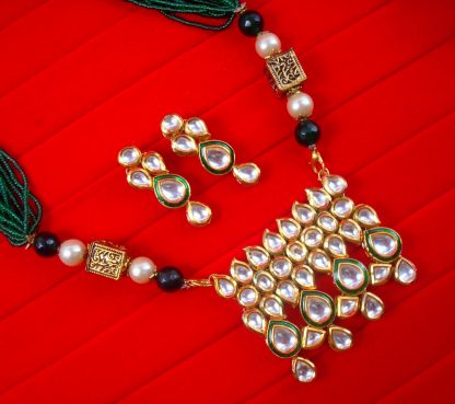 NA95 Daphne Kundan Pendant Earring Set With Multi Strand Green Bead Chain