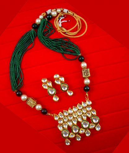 NA95 Daphne Kundan Pendant Earring Set With Multi Strand Green Bead Chain