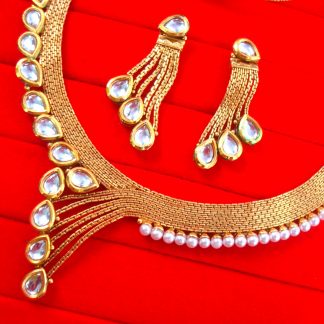 NA96 Daphne Golden Designer Wedding Wear Necklace With Earring Set