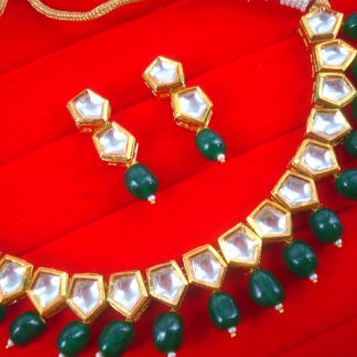 NA97 Daphne Pentagon Shape Kundan Green Stone Necklace With Earring