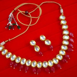 NA98 Daphne Wedding Wear Oval Kundan With Hanging Maroon Stone Necklace With Earring