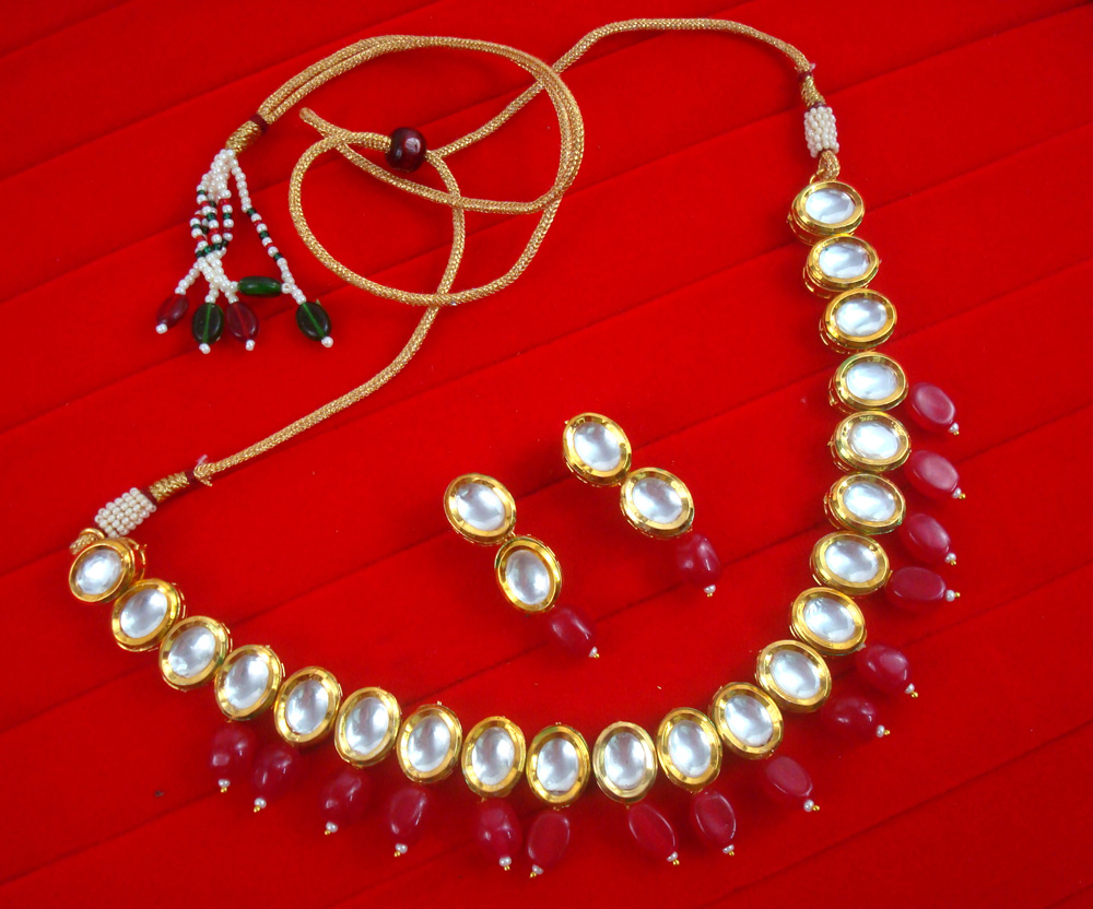 NA98 Daphne Wedding Wear Oval Kundan With Hanging Maroon Stone Necklace With Earring