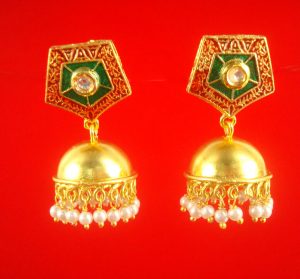 JH35R Daphne Pentagon Red Round Kundan Earring With Golden Pearl Hanging Jhumka