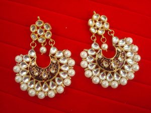 JH37 Daphne Wedding Wear Kundan Stone Semi Precious Golden Plated Pearl Dangler Earring