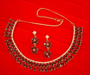 N11B Daphne Double Line Stone Black Wedding Wear Zircon Necklace Earring Set