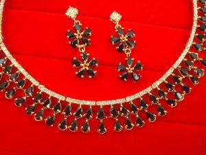 N11B Daphne Double Line Stone Black Wedding Wear Zircon Necklace Earring Set