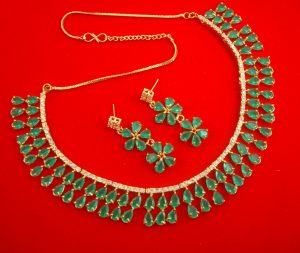 N11G Daphne Double Line Stone Grass Green Wedding Wear Zircon Necklace Earring Set