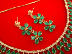 N11G Daphne Double Line Stone Grass Green Wedding Wear Zircon Necklace Earring Set
