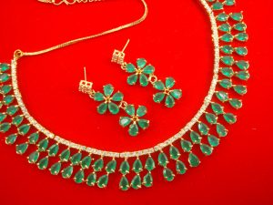 N11GDaphne Double Line Stone Grass Green Wedding Wear Zircon Necklace Earring Set