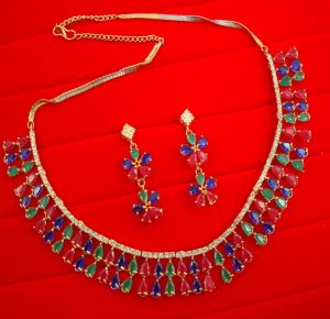 N11Multi Daphne Double Line Stone Multi color Wedding Wear Zircon Necklace Earring Set 