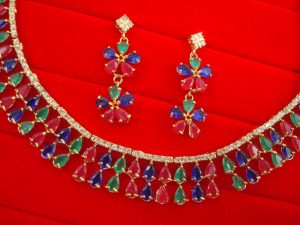 N11Multi Daphne Double Line Stone Multi color Wedding Wear Zircon Necklace Earring Set 