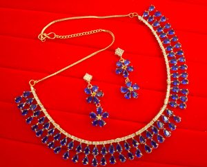 N11N Daphne Double Line Stone Navy Blue Wedding Wear Zircon Necklace Earring Set 