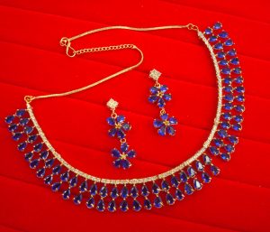 N11N Daphne Double Line Stone Navy Blue Wedding Wear Zircon Necklace Earring Set 