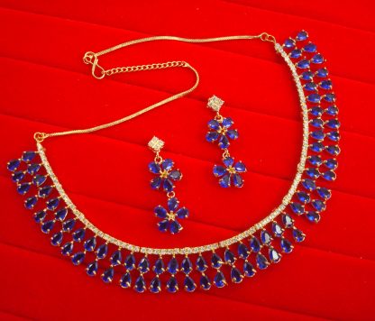 N11N Daphne Double Line Stone Navy Blue Wedding Wear Zircon Necklace Earring Set