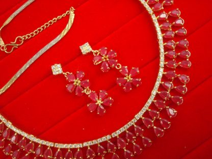 N11P Daphne Double Line Stone Pink Wedding Wear Zircon Necklace Earring Set