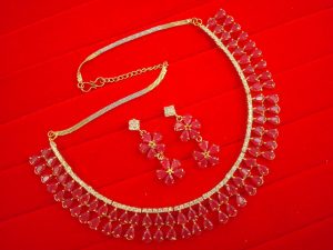 N11P Daphne Double Line Stone Pink Wedding Wear Zircon Necklace Earring Set