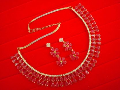 N11P Daphne Double Line Stone Pink Wedding Wear Zircon Necklace Earring Set