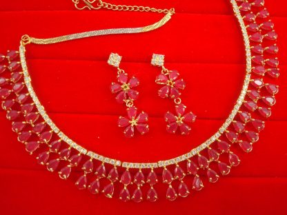 N11P Daphne Double Line Stone Pink Wedding Wear Zircon Necklace Earring Set