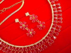 N11P Daphne Double Line Stone Pink Wedding Wear Zircon Necklace Earring Set