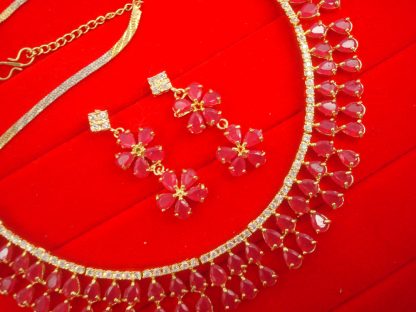 N11P Daphne Double Line Stone Pink Wedding Wear Zircon Necklace Earring Set