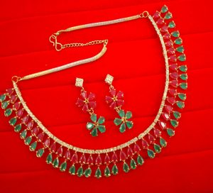 N11PG Daphne Double Line Stone Pink Green Wear Zircon Necklace Earring Set