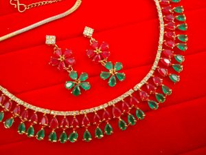 N11PG Daphne Double Line Stone Pink Green Wear Zircon Necklace Earring Set