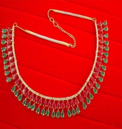 N11PG Daphne Double Line Stone Pink Green Wear Zircon Necklace Earring Set
