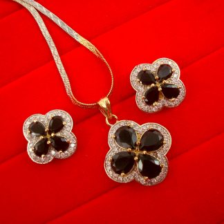 ZR43B Daphne Black Shade Flower Zircon Studded Pendant Earrings Wedding Special