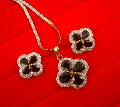 ZR43B Daphne Black Shade Flower Zircon Studded Pendant Earrings Wedding Special