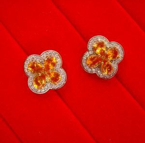 ZR43O Daphne Orange Shade Flower Zircon Studded Earrings Wedding Special