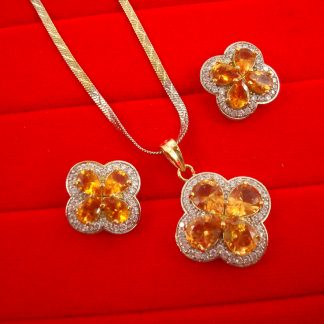 ZR43O Daphne Orange Shade Flower Zircon Studded Pendant Earrings Wedding Special